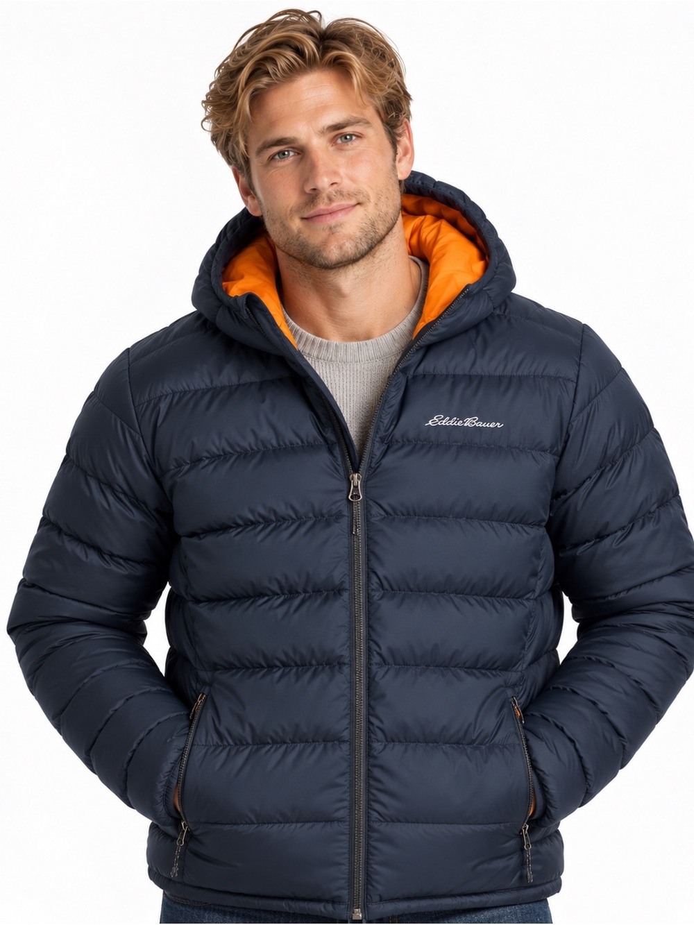 Eddie Bauer Men’s Hooded Down Puffer Jacket Navy Orange Size S
